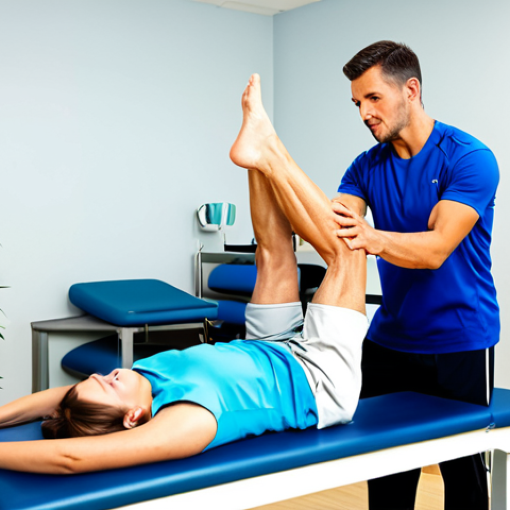 근육 강화를 위한 재활법 - Physical Therapy Session**

A patient, fully clothed in athletic wear, performing a leg extension ex...