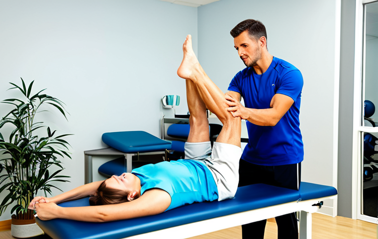 근육 강화를 위한 재활법 - Physical Therapy Session**
A patient, fully clothed in athletic wear, performing a leg extension ex...