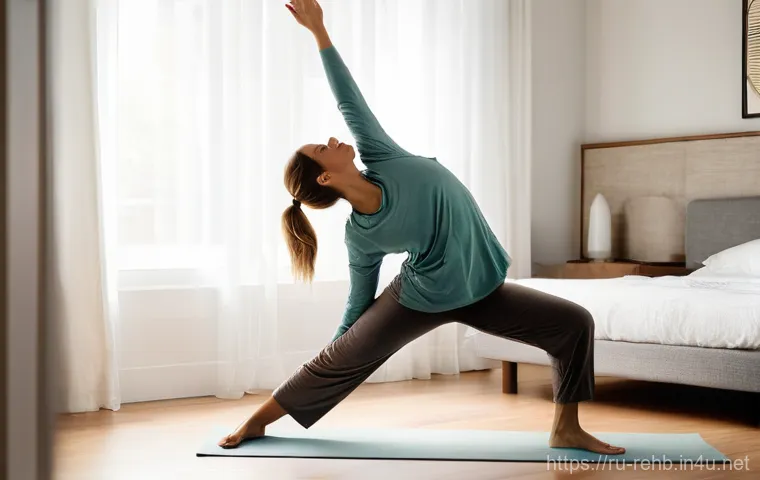 허리디스크 자가 재활 루틴 - **Prompt 1: Mindful Morning Awakening**
"A woman in her late 30s, with a serene and focused expr...