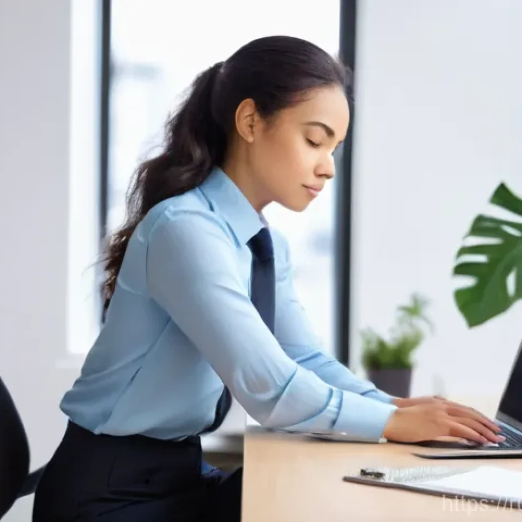 허리 통증 재활 운동법 - **Prompt:** A young professional, appearing tired and a bit stiff, is subtly stretching their lower ...