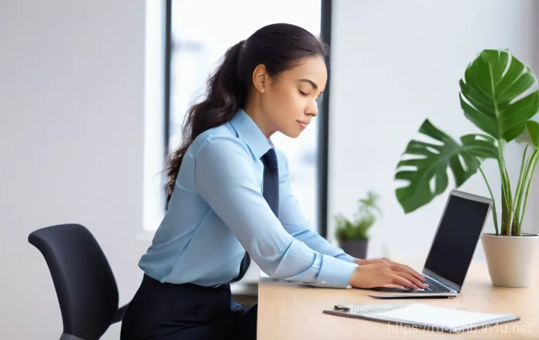 허리 통증 재활 운동법 - **Prompt:** A young professional, appearing tired and a bit stiff, is subtly stretching their lower ...