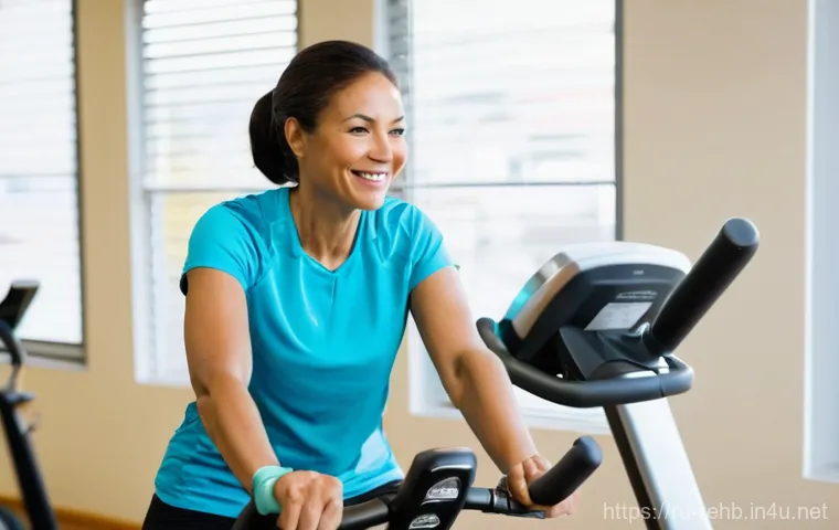 뇌졸중 재활 기간과 비용 - **Prompt:** A heartwarming scene of a middle-aged woman, perhaps in her late 40s or early 50s, activ...