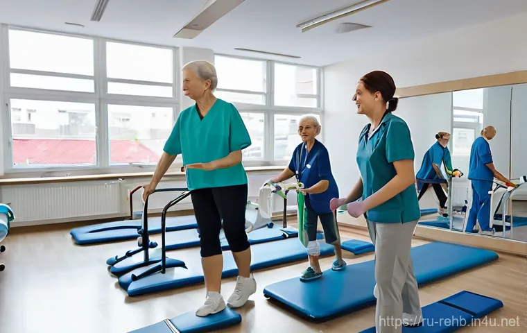 재활치료 비용 및 의료보험 비교 - **Prompt for OMS Rehabilitation Scene:**
A vibrant and realistic scene inside a bustling but ord...