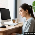 Home 18 근골격계 재활운동 방법 - A woman in her late 20s, dressed in comfortable, modest indoor clothing (such as a loose-fitting lon...