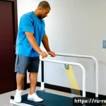 Home 21 재활운동과 필라테스 차이 - **Rehabilitation Focus Prompt:**
"A male patient in his late 40s, with short, neat hair, dressed...